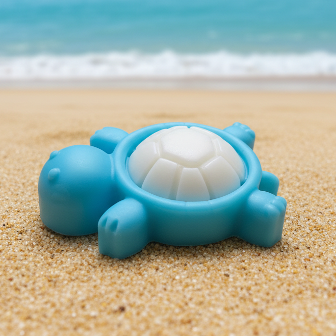A small blue and white turtle-shaped toy or mold sits on sandy beach ground with the ocean and sky blurred in the background.